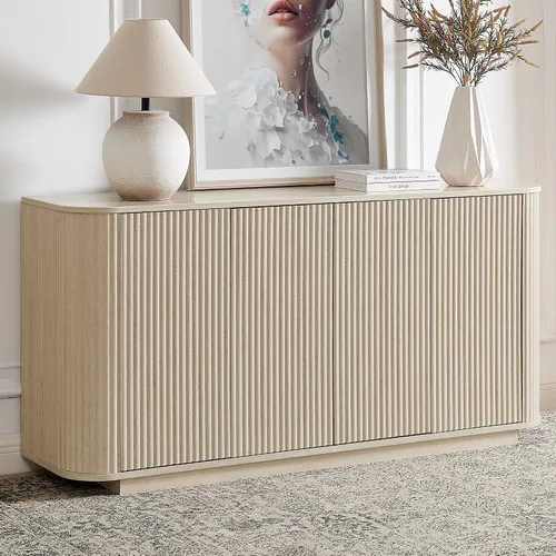 Vista 13 de LKTART Aparador de 64 pulgadas con almacenamiento, armario de almacenamiento de madera acanalada, aparador Credenza con estantes ajustables, resorte