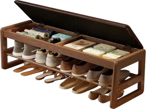 Vista 21 de AQIMUELE Banco pequeño para zapatos, banco de zapatos de 2 niveles con almacenamiento con tapa abatible, zapatero de madera para entrada, pasillo