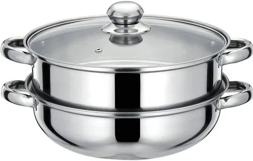 Vista 2 de Juego de ollas de vapor apiladas de acero inoxidable, olla de cocina de doble caldera de 2 niveles (11.0 in)