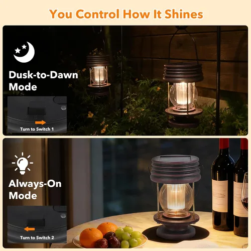 Vista 4 de Faroles solares colgantes para exteriores, decoración de patio, doble carga solar y USB, sensor de luz ajustable, lámpara de mesa decorativa retro