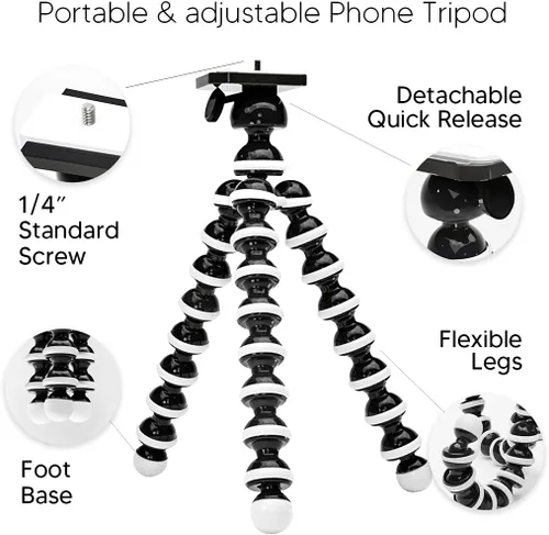 Vista 2 de TalkWorks Trípode flexible para teléfono, negro y soporte de trípode extensible de 51 pulgadas con control remoto Bluetooth para iPhone y Android