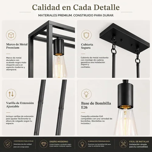 Vista 4 de Iluminación negra para isla de cocina, moderna lámpara rectangular de jaula lineal, 3 luces, lámpara colgante de metal industrial para granja