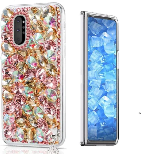 Vista 10 de Sparkle - Funda compatible con Samsung Galaxy Z Fold 3 5G, elegante funda 3D hecha a mano con diamantes de imitación de camelia, color negro