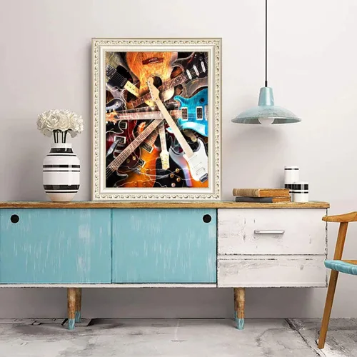 Vista 8 de Pintura de diamantes, guitarra eléctrica rodeada de fondo de relámpagos, arte para adultos relajarse y decoración de pared del hogar, regalo