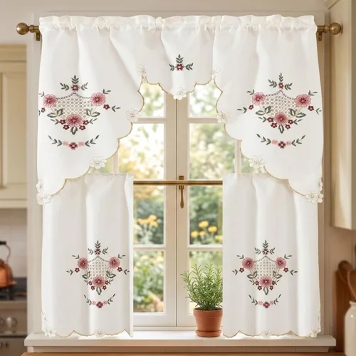 Vista 13 de YHSF Set de cortinas de cocina de 3 piezas con cenefa - Juego de cortinas de ventana de 2 niveles y cenefa con diseño de bolsillo para barra