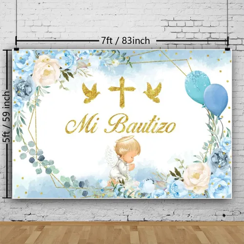 Vista 2 de Telón de fondo de bautismo, 7 x 5 pies, diseño de hojas de eucalipto florales azules y rosas, fondo de fotografía con tema de ángel, decoración