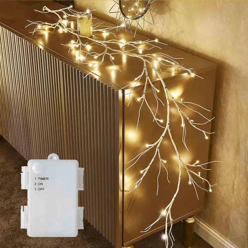 Vista 13 de Hairui Guirnalda de abedul iluminada, funciona con pilas, con 8 funciones, 48 luces blancas cálidas y multicolor, de 6 pies, guirnalda preiluminada
