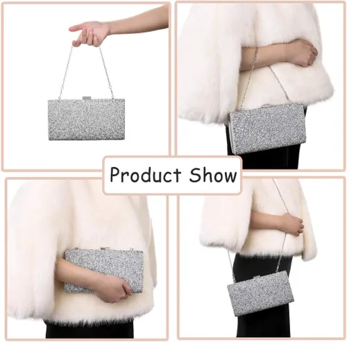 Vista 7 de ELABEST Bolso de mano de noche con purpurina de una cara con diamantes, bolso cruzado, bolso de fiesta de boda para mujer