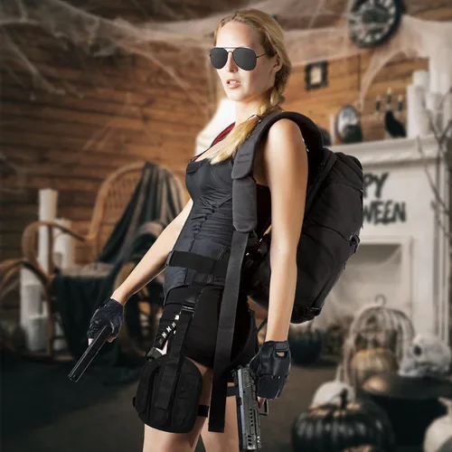 Vista 7 de Mepase 3 piezas de disfraz de Halloween para mujer, cosplay, pierna caída, ajustable, pistola, pistola, con bolsas para revistas, medio dedo, punk