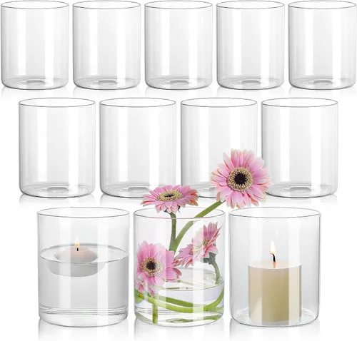 Vista 11 de SUPMIND - Jarrones cilíndricos de vidrio, 6 piezas para centros de mesa, jarrón corto de 5 pulgadas Glass Clear Flower Vases Bulk, Hurricane