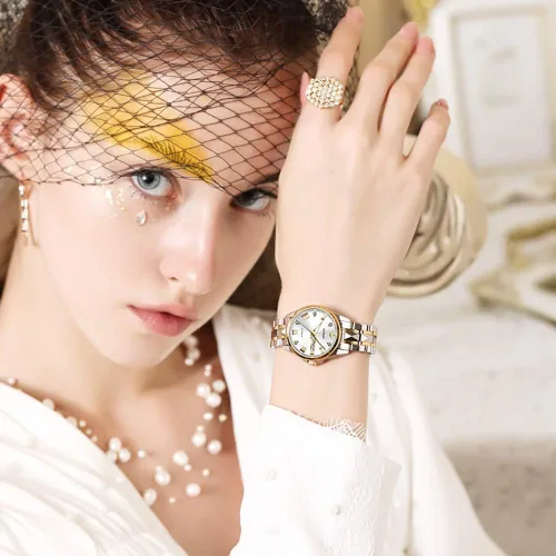 Vista 3 de OLEVS Reloj de pulsera mecánico de cuerda automática para mujer, de marca suiza, vestido de cristal de zafiro, impermeable, para mujer
