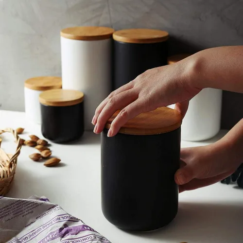 Vista 5 de Recipiente de cerámica para almacenamiento de alimentos, diseño moderno, con tapa de bambú hermética, para té, café, especias, frutos secos