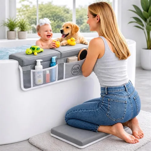 Vista 10 de Cómodo juego de rodilleras y coderas de baño para bebé, almohadilla antideslizante para bañarse, tapete acolchado para bañera, coderas, bolsillos