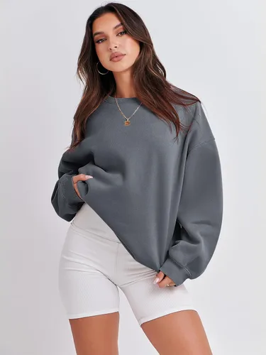 Vista 6 de ANRABESS Sudadera de manga larga para mujer, casual, cuello redondo, ajuste holgado, sudadera con capucha de forro polar para otoño