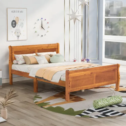 Vista 3 de SOFTSEA Base de cama matrimonial de madera maciza con cabecero y estribo, marco de plataforma de cama de madera maciza con soporte de listones