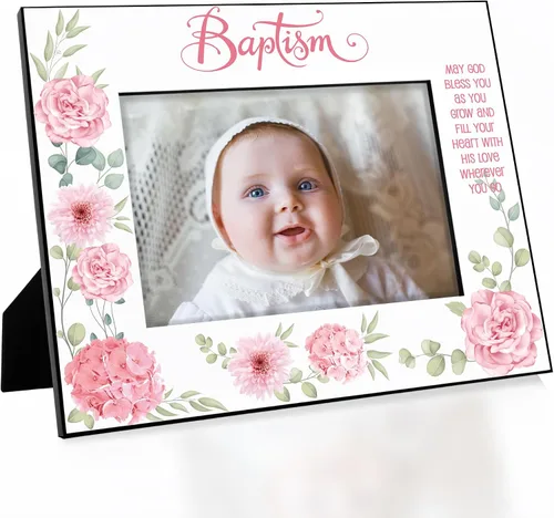 Vista 8 de KATE POSH Marco de fotos de bautismo para niña, decoración de flores rosas, bautizo, regalo religisoso, de padrinos, bebé nuevo (4 x 6 horizontal)