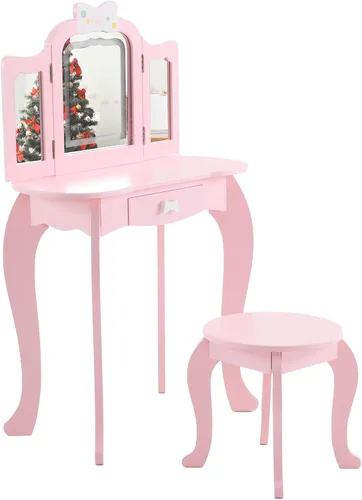 Vista 9 de ShyneeMakeup - Juego de tocador de madera de princesa con taburete acolchado, cajón, patas de madera y espejo, juego de maquillaje para niñas