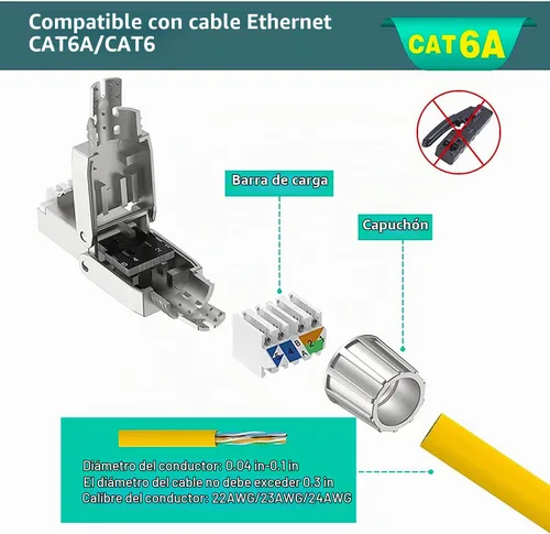 Vista 3 de VCELINK Conectores RJ45 Cat6A sin herramientas, tapones de terminación Ethernet blindados reutilizables para cable SFTP UTP de 23 AWG, enchufe