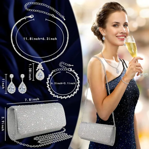Vista 2 de Juego de 4 piezas de plata para mujer, bolso de mano brillante con diamantes de imitación, bolso de mano para regalo de fiesta de boda, plateado