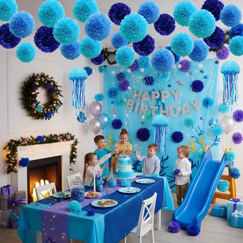 Vista 3 de 12 pompones de papel de seda azules para colgar, pompones de flores para decoración de fiesta de techo