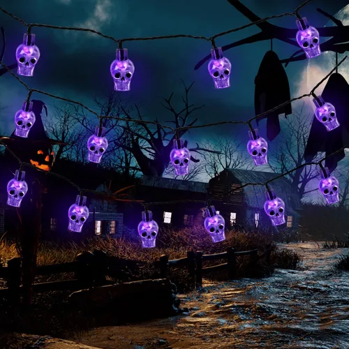 Vista 5 de RECESKY Guirnalda de 70 luces LED de calavera – Cadena de luces de Halloween enchufables de 22.6 pies para decoración de exteriores e interiores