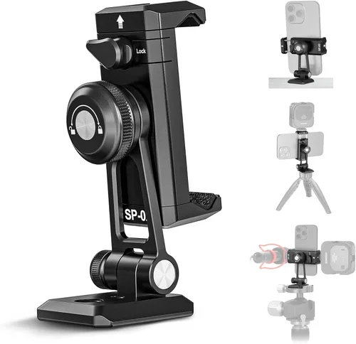 Vista 11 de Adaptador de montaje de trípode para teléfono Neewer con base tipo Arca QR, zapata fría, agujeros de 1/4" y 3/8", giro de 360° y inclinación
