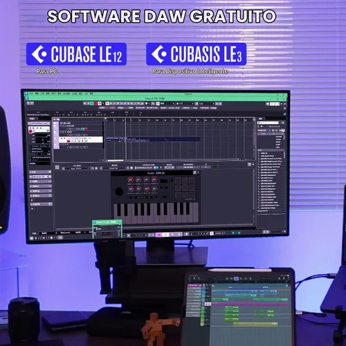 Vista 5 de Controlador de teclado MIDI Bluetooth portátil HXW, con 25 teclas, 9 almohadillas de ritmo retroiluminadas, pantalla OLED, 8 perillas, software