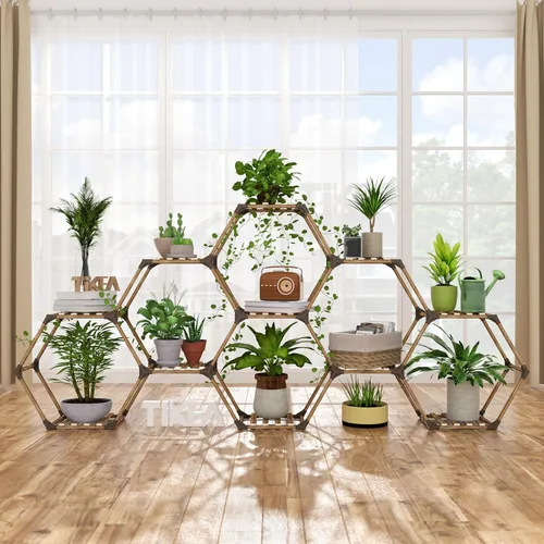 Vista 14 de Tikea Soporte para Plantas de Interior y Exterior Soporte Hexagonal de Esquina para Plantas Suculentas Plantas Pequeñas Estante de Madera