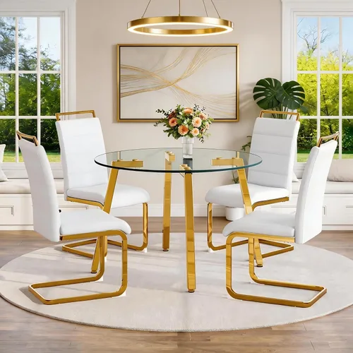 Vista 24 de Juego de mesa de comedor de cristal para 4, mesa rectangular con 4 sillas de cocina de cuero blanco, juego de comedor de cocina de 51 pulgadas, mesa