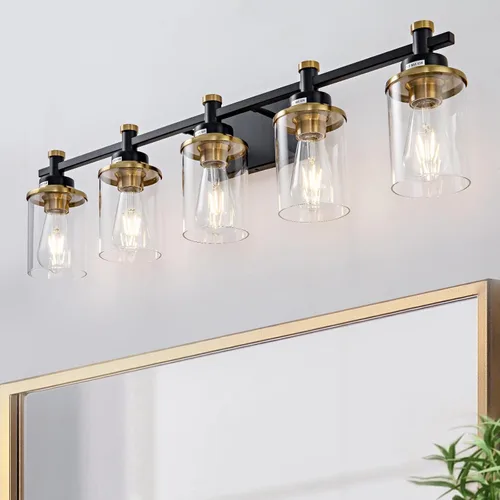 Vista 13 de Accesorios de Luz de Baño de 3 Luces, Accesorio de Luz de Tocador Negro y Dorado Cepillado Sobre Espejo, Apliques de Pared Modernos Iluminación