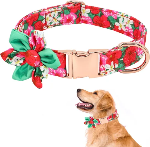 Vista 7 de Collar de perro lindo para cachorros, pequeños, medianos y grandes, collar de perro ajustable con hebilla de metal, flor desmontable, collar