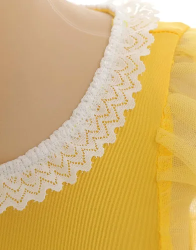 Vista 4 de miccostumes Disfraz de princesa para niñas, vestido de tul de encaje de microfibra transpirable Delux con corona de joyería dimensional