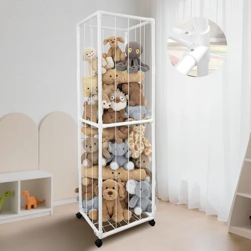 Vista 11 de Almacenamiento de animales de peluche, tubo de metal extra grande organizador de almacenamiento de juguetes con ruedas de freno, soporte