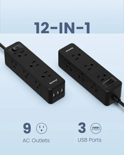Vista 2 de Regleta protectora contra sobretensiones, 9 tomas de corriente ampliamente espaciadas con 3 puertos USB, extensor de 3 salidas laterales con cable