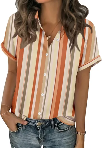 Vista 11 de Zeagoo Blusas de verano de manga corta para mujer, camisas casuales con botones, blusas de trabajo de negocios sólidas/a rayas