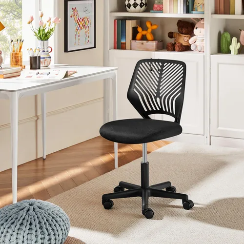 Vista 8 de Yaheetech - Silla de escritorio pequeña, asiento giratorio ajustable sin brazos, color negro