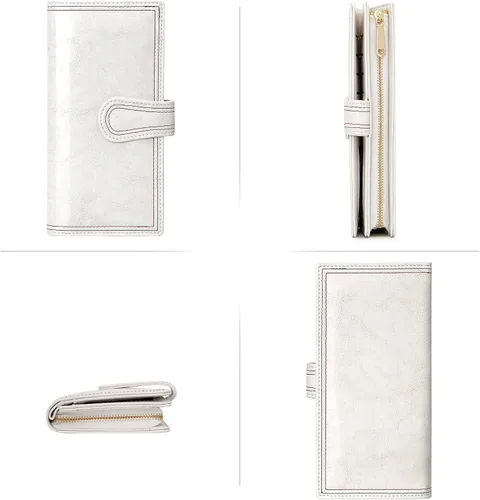 Vista 5 de VOCUS Cartera de cuero para mujer, billetera larga con cremallera para mujer, tarjetero de gran capacidad, tarjetero de crédito para mujer, Blanco