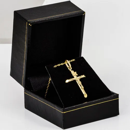 Vista 6 de Colgante de cruz de Jesús de oro amarillo de 14 k con cadena italiana de lujo