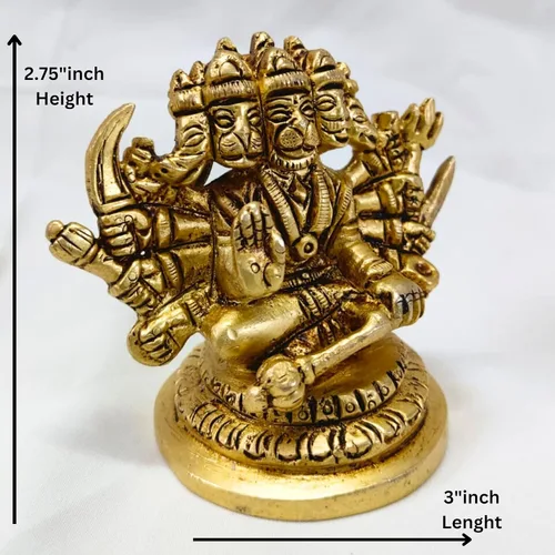 Vista 2 de Estatua Panchmukhi Hanuman de latón de 2.75 pulgadas – Señor Bajrangbali de latón decorativo adoración dioses hindúes decoración figura de regalo