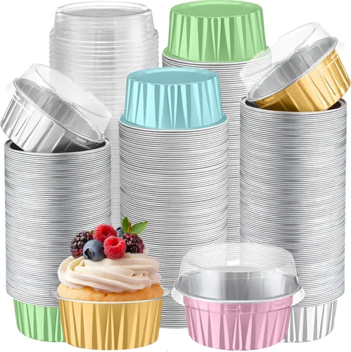 Vista 39 de Gejoy - 400 tazas para hornear de papel de aluminio con tapas, 5 onzas, clásico, negro