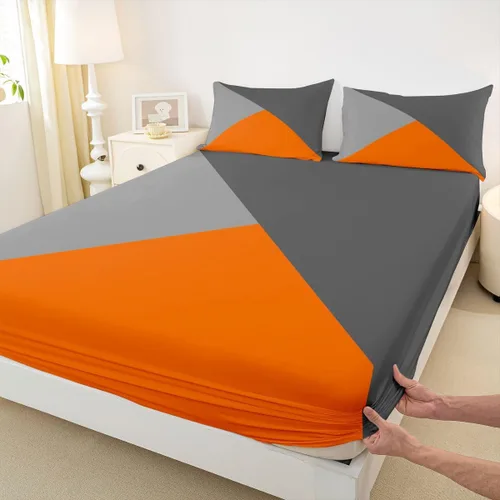 Vista 6 de Juego de sábanas de triángulo geométrico, color naranja, gris oscuro, gris claro, juego de ropa de cama individual para adolescentes y niñas, juego
