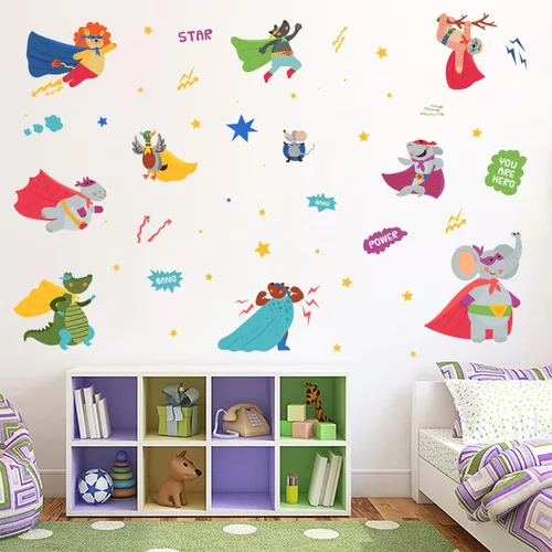 Vista 5 de Calcomanías de pared de súper animales, lindos animales, calcomanías de vinilo para pared, leones, elefantes, tiburones, perezosos, estrellas