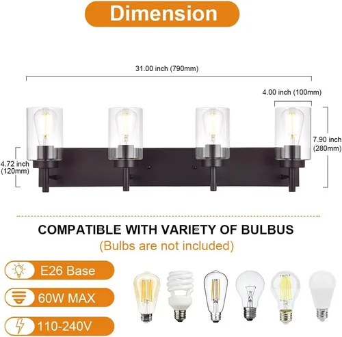 Vista 4 de 4 luces de tocador de baño, apliques de bronce aceitado, iluminación de pared, lámpara industrial para montaje en pared, estilo granja para cocina