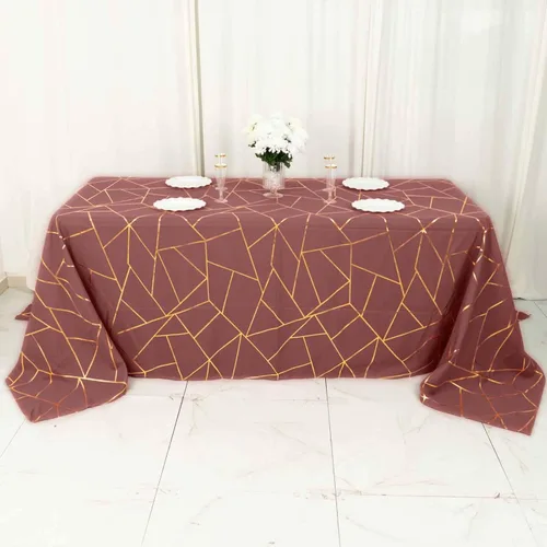 Vista 38 de Efavormart - Mantel redondo de poliéster de 120 pulgadas con patrón geométrico dorado Morado