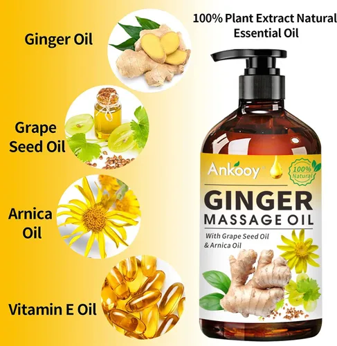 Vista 2 de Paquete de 3 aceites de masaje de jengibre con aceite de árnica, aceite de vitamina E y aceite de semilla de uva, aceite de jengibre para drenaje