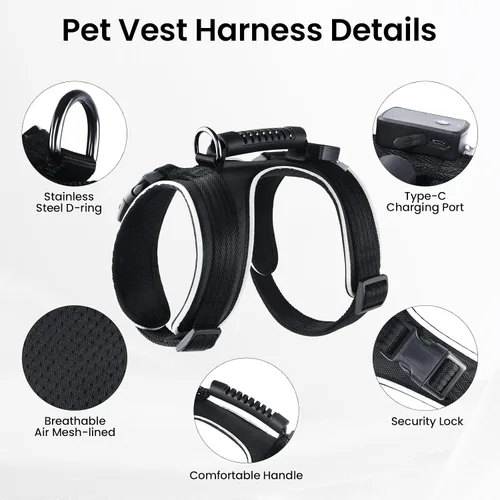 Vista 4 de MASBRILL Arnés con luz para perro, arnés iluminado para perro, recargable, sin tirones, arnés ajustable con luz LED para perros pequeños, medianos