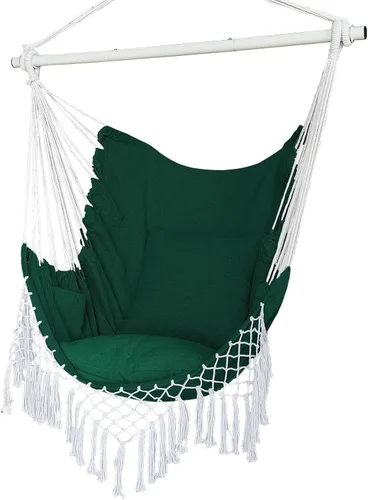 Vista 14 de Silla Hamaca, Asiento de Columpio Colgante de Cuerda con 2 Cojines, Silla Colgante de Macramé con Bolsillo Lateral con Varilla de Metal de Alta