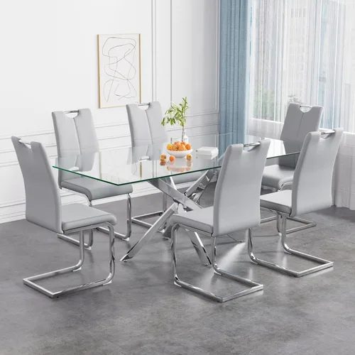 Vista 26 de Juego de mesa de comedor de 36 pulgadas para 4, moderna parte superior cuadrada de vidrio templado, mesa de patas de acero inoxidable con acabado