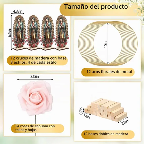 Vista 7 de BreezeHug 12 centros de mesa de bautismo para centros de mesa para bautizo bodas, 12 piezas de madera, 12 aros florales con soporte, 24 rosas