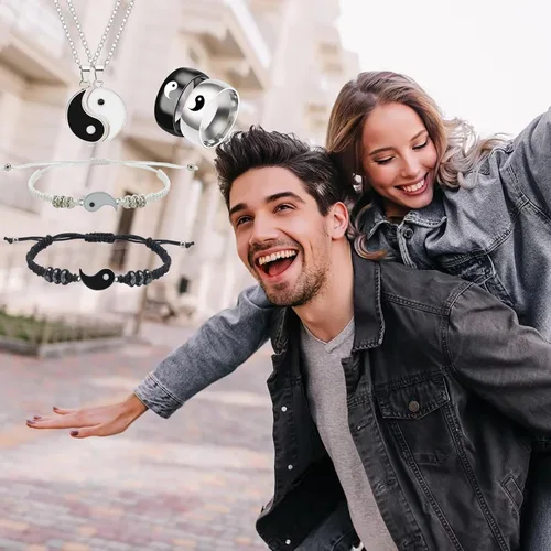 Vista 3 de Peutlhomy Juego de 6 piezas de collar Yin Yang a juego para mujer, collares Yin y Yang, pulseras Yin Yang Tai Chi anillo para amistad, novio, novia